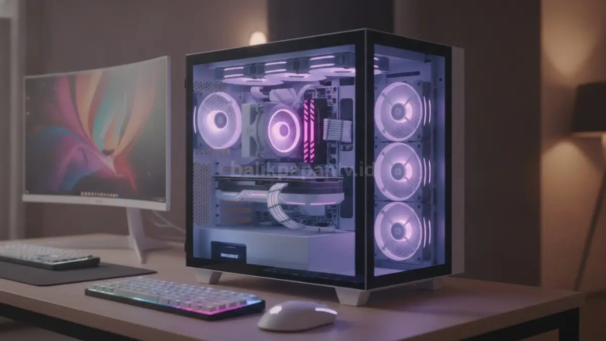 Rakitan PC gaming Rp1,9 juta dengan casing panoramik putih dan RGB yang tampil layaknya PC premium. (BTV/Ai)