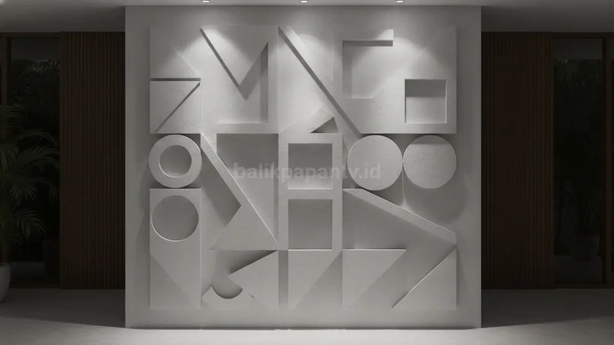 Relief geometris monokrom menampilkan efek tiga dimensi elegan, semakin tegas oleh pencahayaan malam.  (BTV/AI)