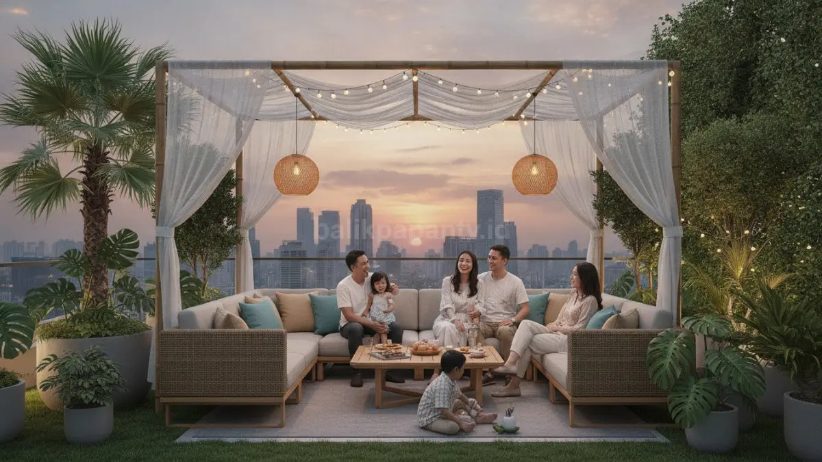 Rooftop lounge dengan sofa outdoor dan pergola ringan menciptakan ruang santai keluarga nyaman. (BTV/Ai)
