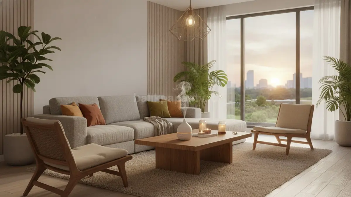Ruang tamu modern dengan diffuser aromaterapi yang menghadirkan suasana hangat dan nyaman.
