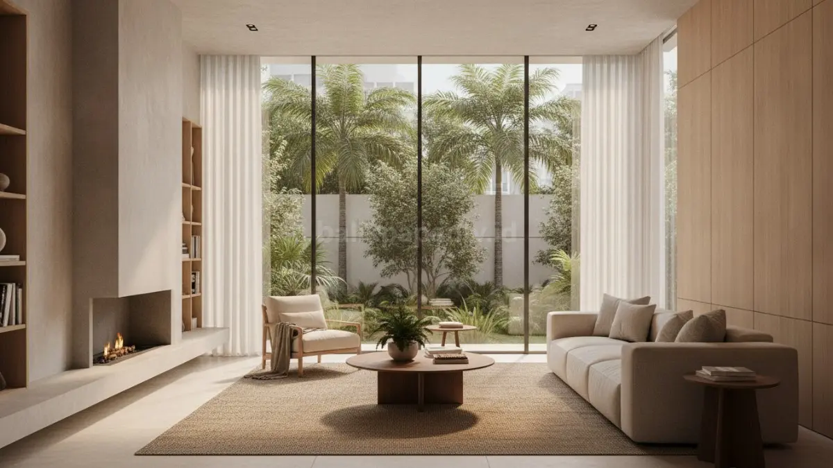 Rumah modern dengan jendela besar dan cahaya alami memenuhi ruang keluarga yang nyaman.
