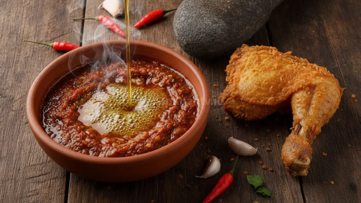 Sambal bawang pedas yang baru disiram minyak panas sebelum digunakan untuk menggeprek ayam.
