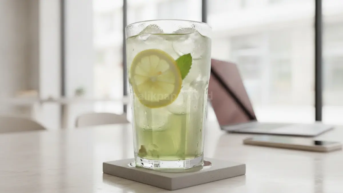 Segelas es teh hijau dingin dengan es batu dan irisan lemon yang tampak segar untuk menemani aktivitas sehari-hari.