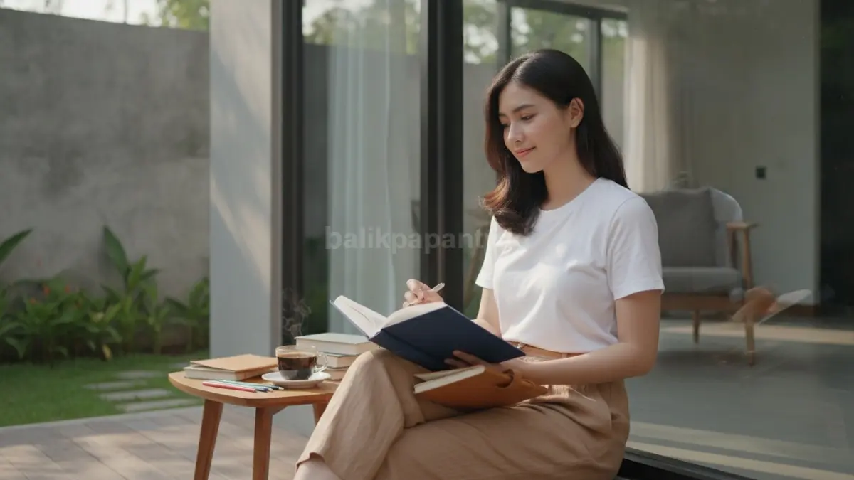 Seseorang menikmati hobi offline membaca buku dan menulis jurnal untuk mengisi waktu luang secara produktif.
