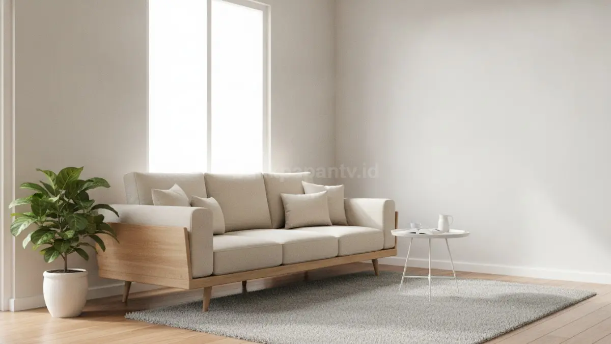 Sofa berkaki terbuka dan warna netral membantu ruang tamu kecil tampak lapang serta modern. (BTV/Ai)
