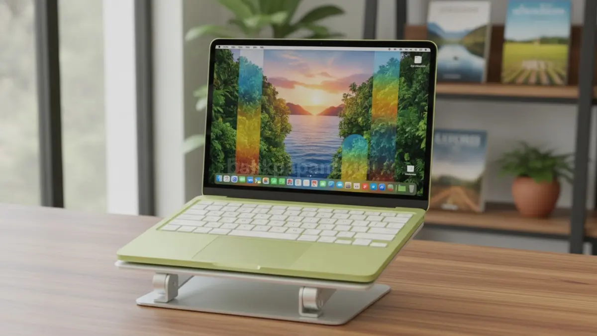 Tampilan MacBook Neo dengan bodi aluminium premium dan layar rasio 3:2 untuk produktivitas. (BTV/Ai)