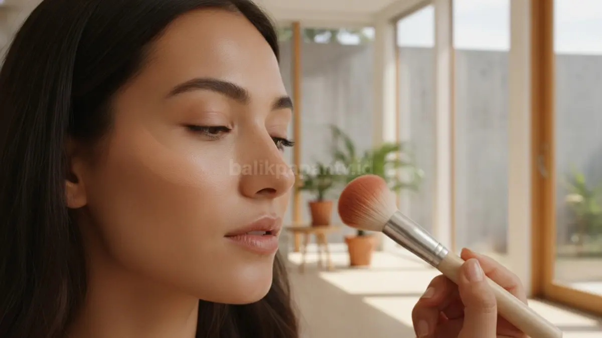Teknik blending blush on menggunakan kuas lembut agar warna tampak merata.
