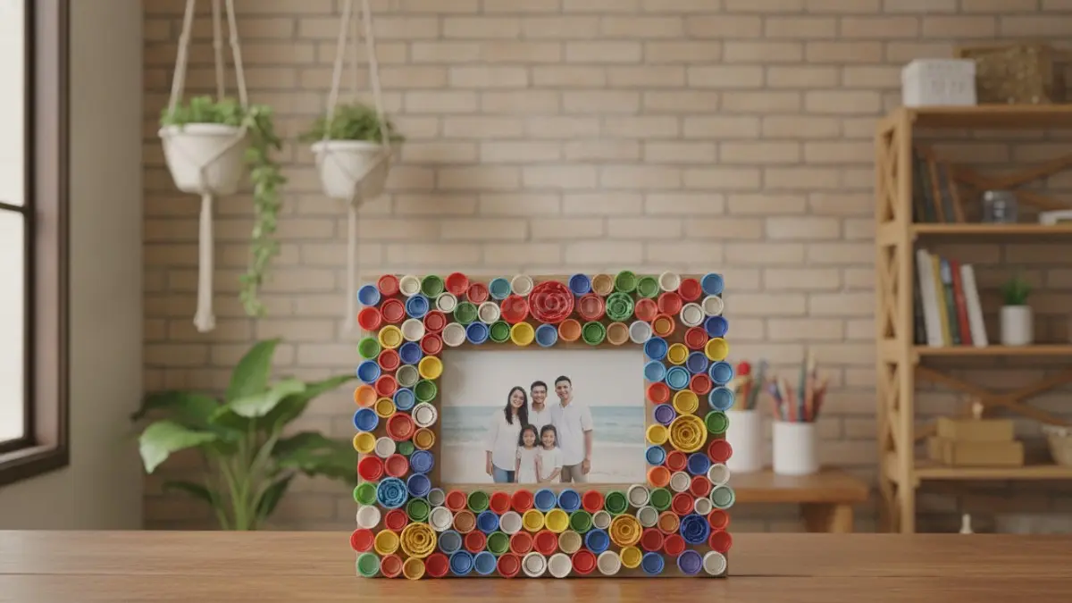 Bingkai foto kreatif berhias tutup botol bekas menghadirkan dekorasi unik dengan sentuhan personal dan menarik perhatian.  (BTV/AI)