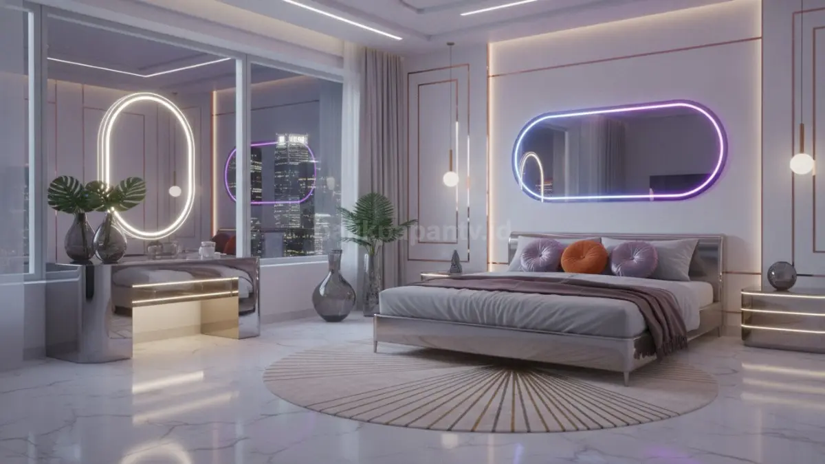 Cermin dan material reflektif memantulkan cahaya, membuat kamar terasa lebih luas dengan nuansa futuristik modern elegan.  (BTV/AI)