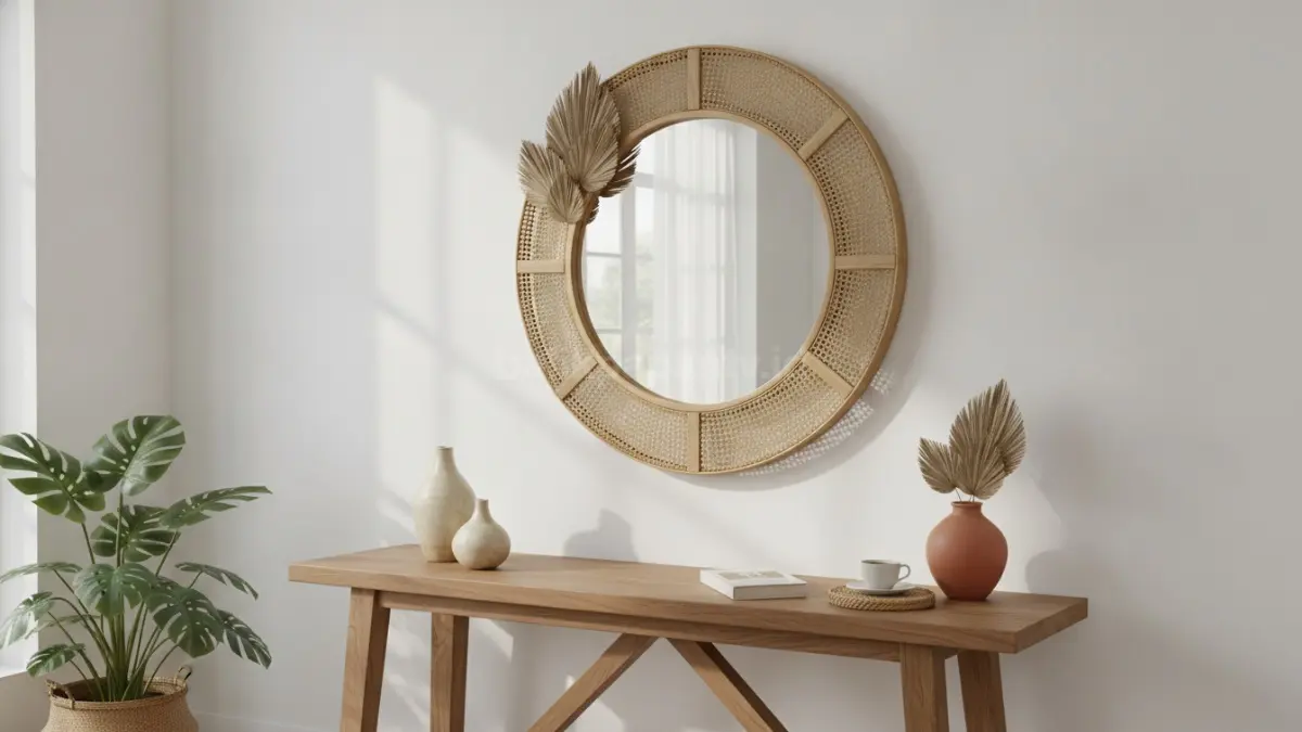 Cermin estetik dengan bingkai DIY berbahan kayu natural mempercantik ruang tamu bergaya minimalis. (BTV/Ai)