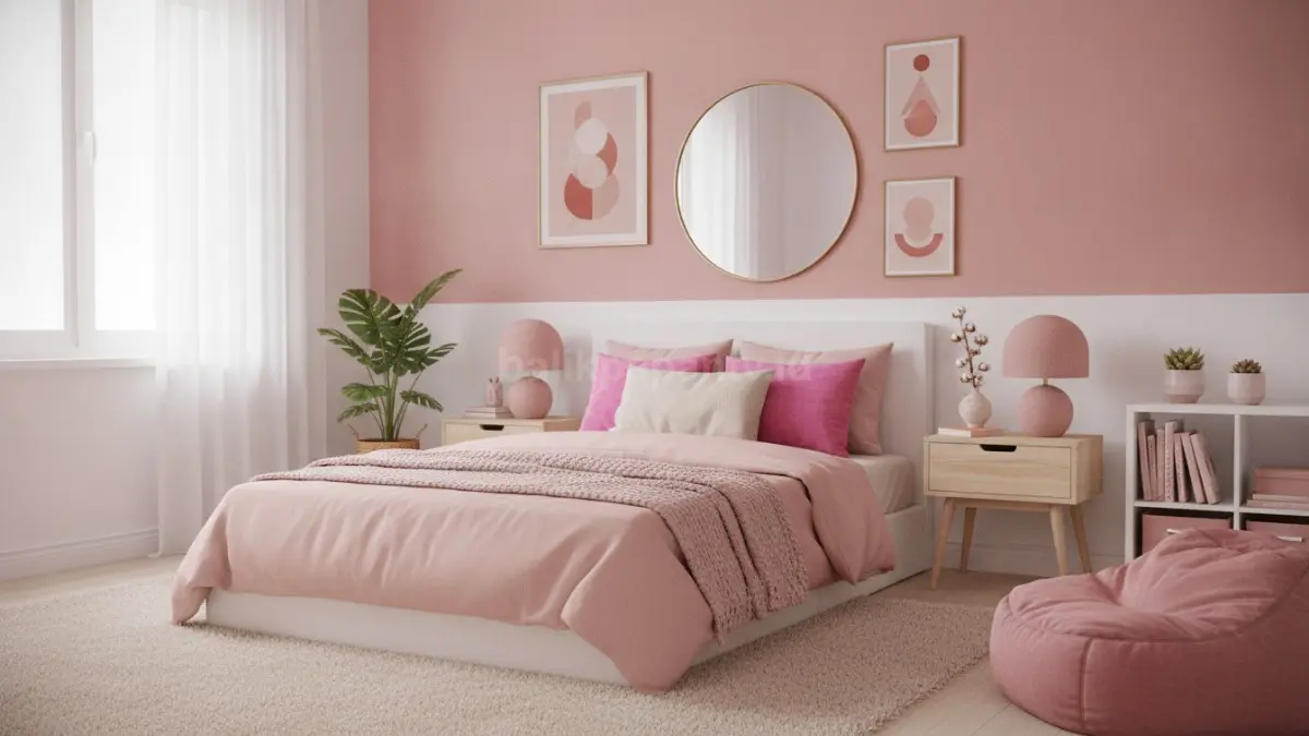 Dekorasi kamar sederhana ala Gen Z pink dengan furnitur minimalis dan pencahayaan hangat. (BTV/Ai)