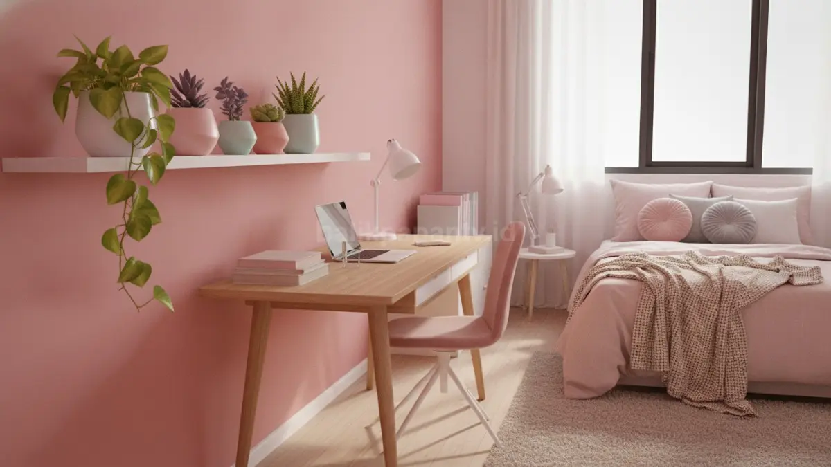 Dekorasi pink dengan tanaman hias mini menghadirkan suasana kamar yang segar dan estetik. (BTV/Ai)