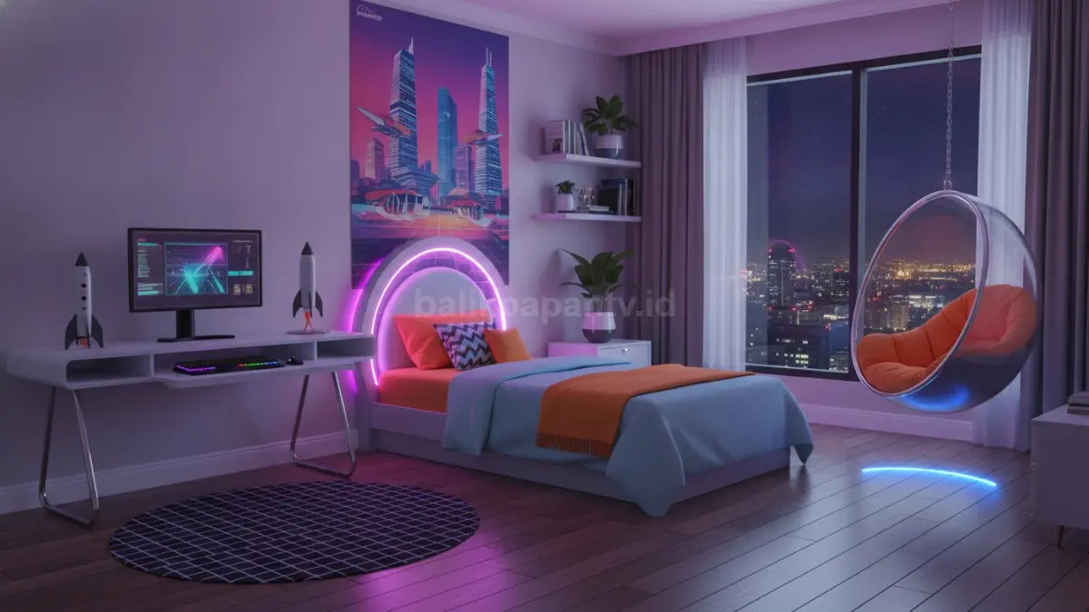 Dekorasi secukupnya memperkuat tema retro futuristik tanpa membuat tampilan kamar terlihat penuh dan berantakan.  (BTV/AI)