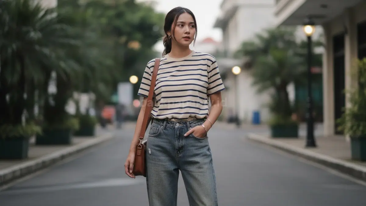 Denim washed dan kaus bergaris menciptakan gaya kasual yang santai dengan sentuhan klasik. (BTV/Ai)