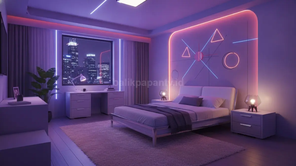 DIY dekorasi kamar retro futuristik dengan lampu LED ambient dan furnitur minimalis modern.  (BTV/AI)