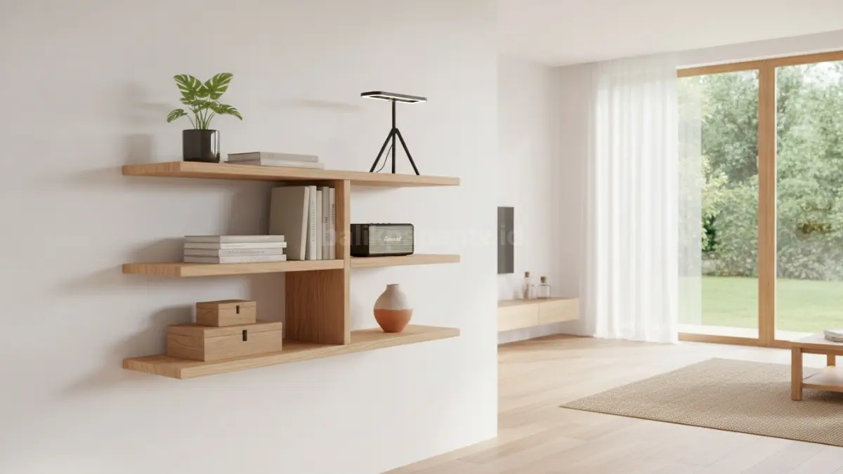 DIY rak dinding melayang minimalis berbahan kayu dengan desain modern yang hemat ruang.  (BTV/AI)