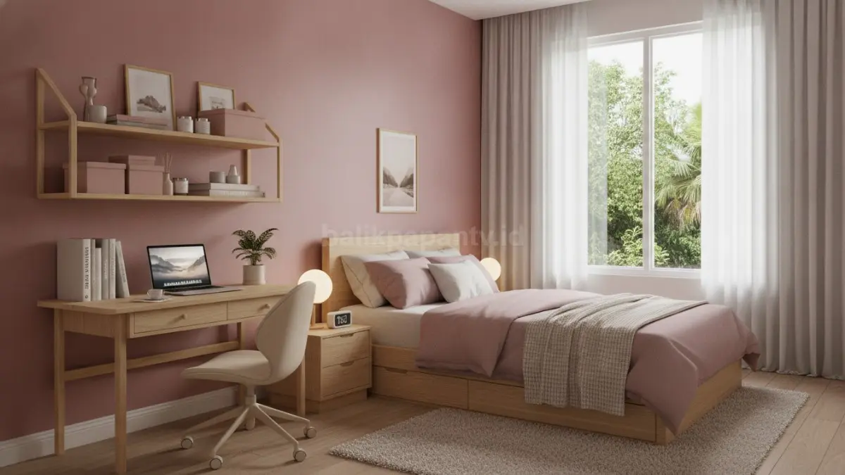 Dusty pink dan elemen kayu menciptakan suasana kamar yang hangat dan elegan. (BTV/Ai)