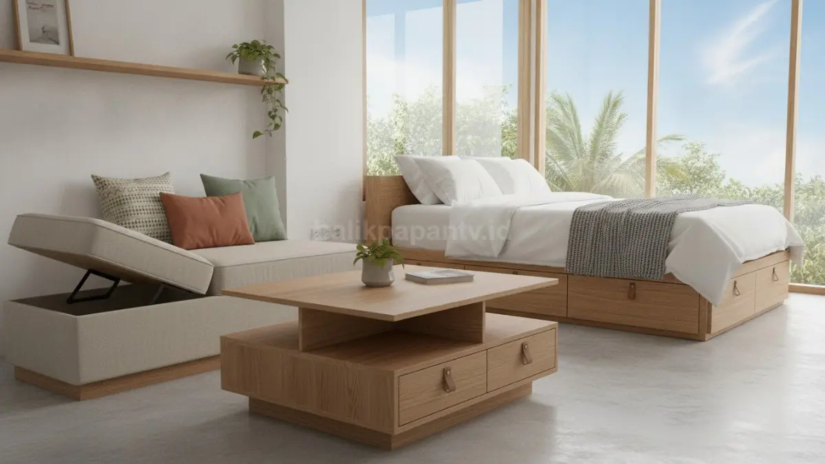 Furnitur multifungsi membantu menghemat ruang sekaligus menjaga rumah Japandi tetap rapi. (BTV/Ai)