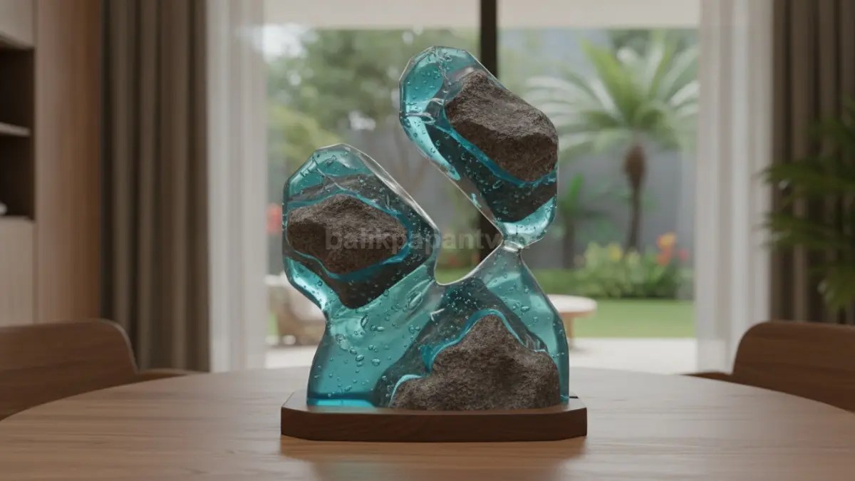 Hiasan meja batu alam dan resin modern menghadirkan dekorasi unik dengan karakter alami.  (BTV/AI)
