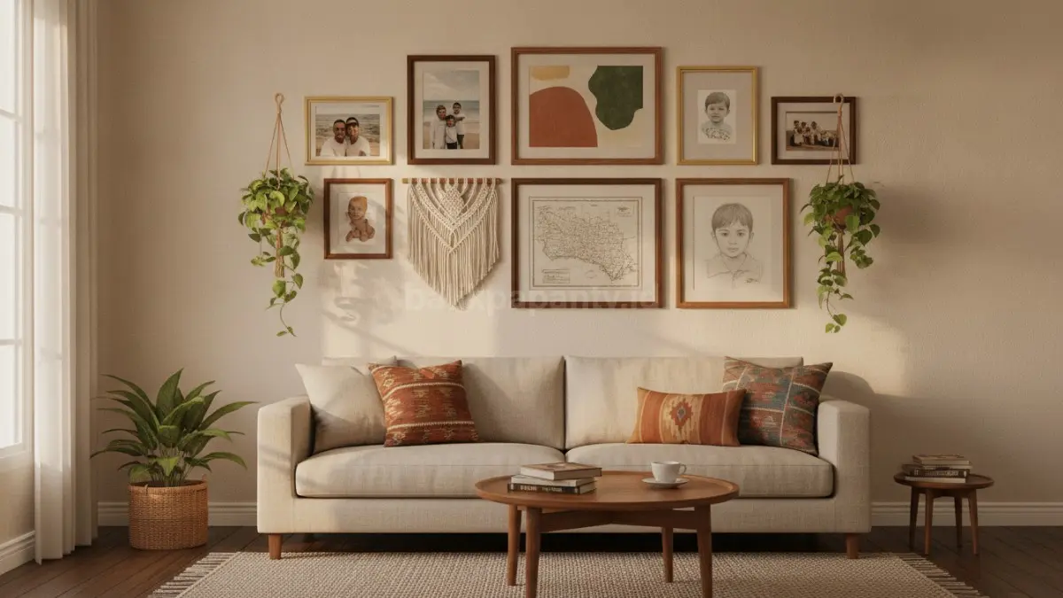 Inspirasi dekorasi dinding estetik Pinterest 2026 dengan gallery wall personal dan nuansa hangat(BTV/Ai)