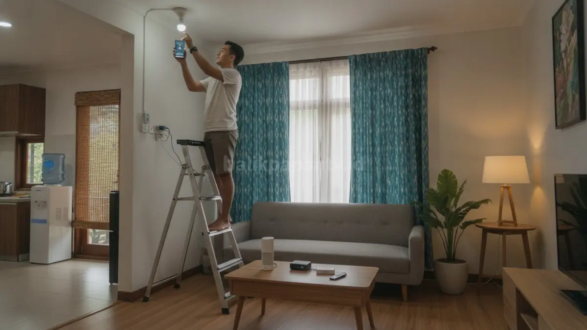 Instalasi DIY smart home sederhana dengan lampu otomatis dan smartphone sebagai pusat kendali rumah modern (BTV/Ai)
