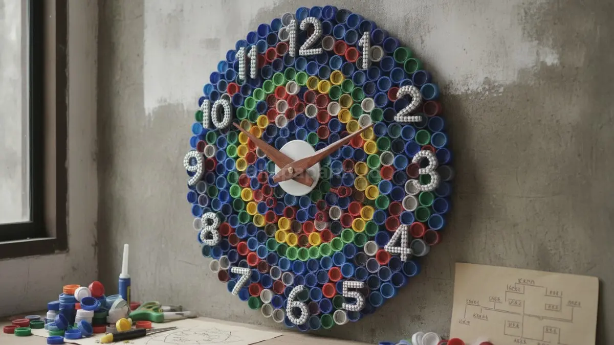 Jam dinding unik dari tutup botol bekas memadukan fungsi penunjuk waktu dengan dekorasi kreatif rumah.  (BTV/AI)