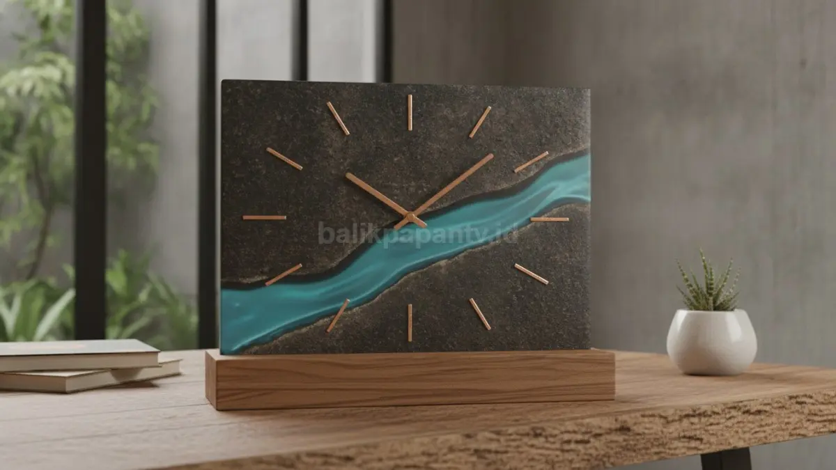 Jam meja batu alam menghadirkan fungsi praktis dengan tampilan eksklusif bernuansa alami modern.  (BTV/AI)