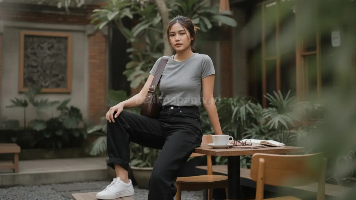 Jeans hitam dan fitted tee abu-abu menghadirkan tampilan minimalis yang rapi untuk aktivitas sehari-hari. (BTV/Ai)
