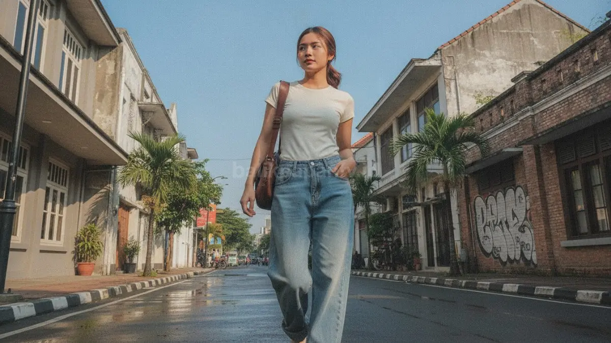 Jeans longgar berpinggang rendah dan kaus fitted menciptakan tampilan street style yang seimbang dan trendi. (BTV/Ai)