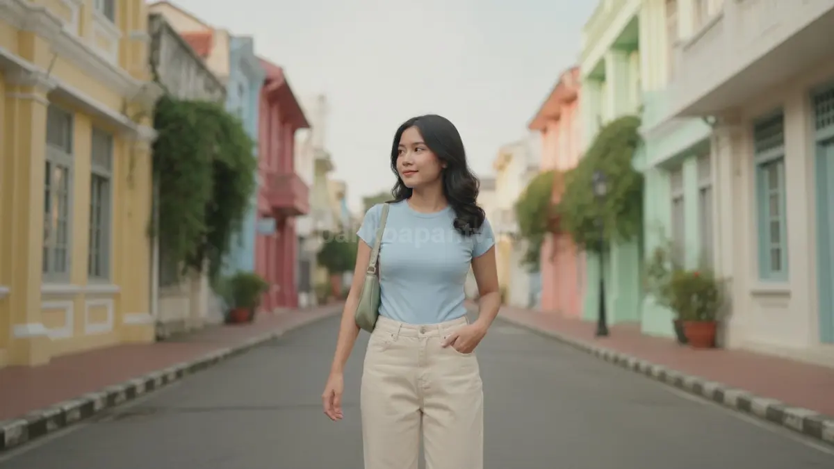 Jeans lurus dan kaus warna pastel menghadirkan tampilan kasual yang segar dan kekinian. (BTV/Ai)