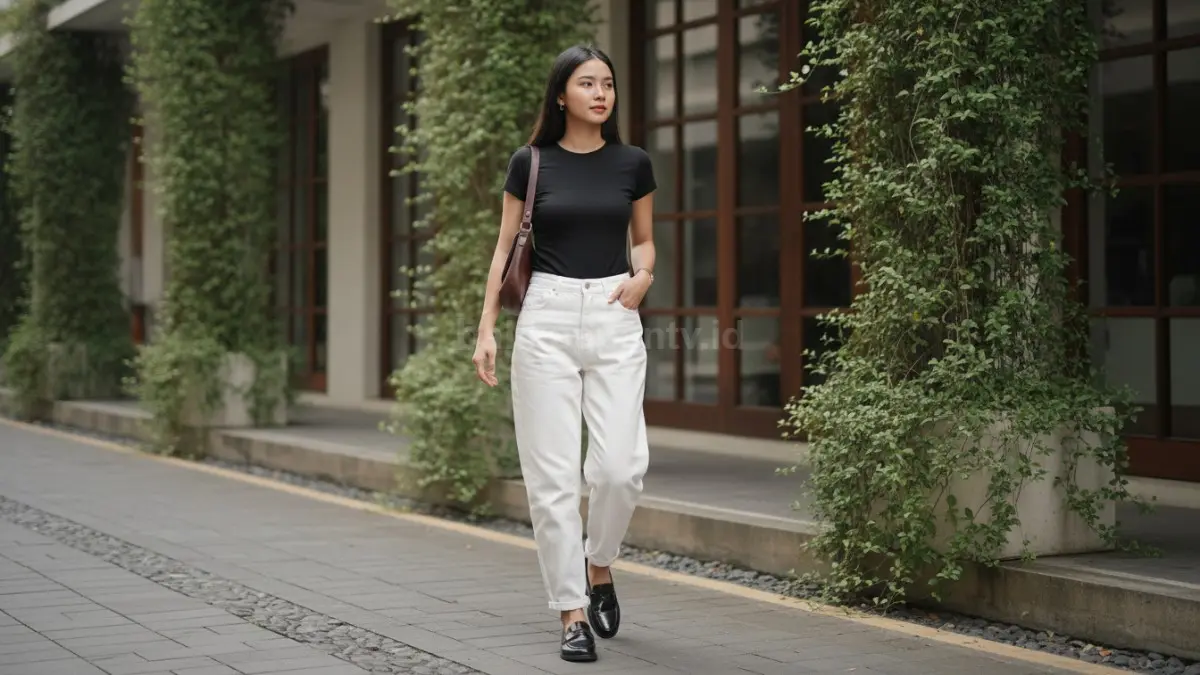 Jeans putih dan fitted tee hitam menciptakan tampilan modern dengan kontras warna yang elegan. (BTV/Ai)