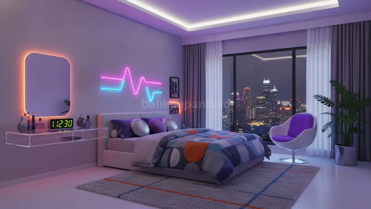 Kombinasi warna retro futuristik menghadirkan aksen berani dengan dasar netral agar kamar tetap nyaman dipandang.  (BTV/AI)