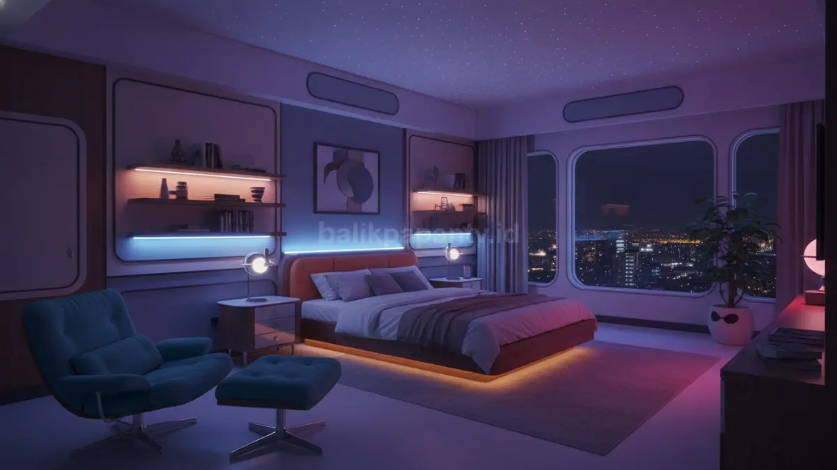 Lampu LED ambient tersembunyi menciptakan efek futuristik lembut tanpa silau, membuat suasana kamar semakin nyaman.  (BTV/AI)