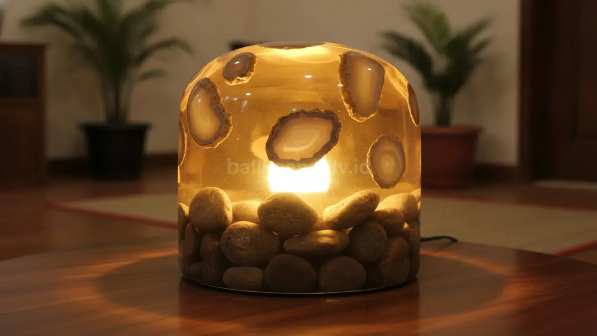 Lampu meja dekoratif resin menghadirkan cahaya hangat dengan sentuhan batu alam yang unik.  (BTV/AI)