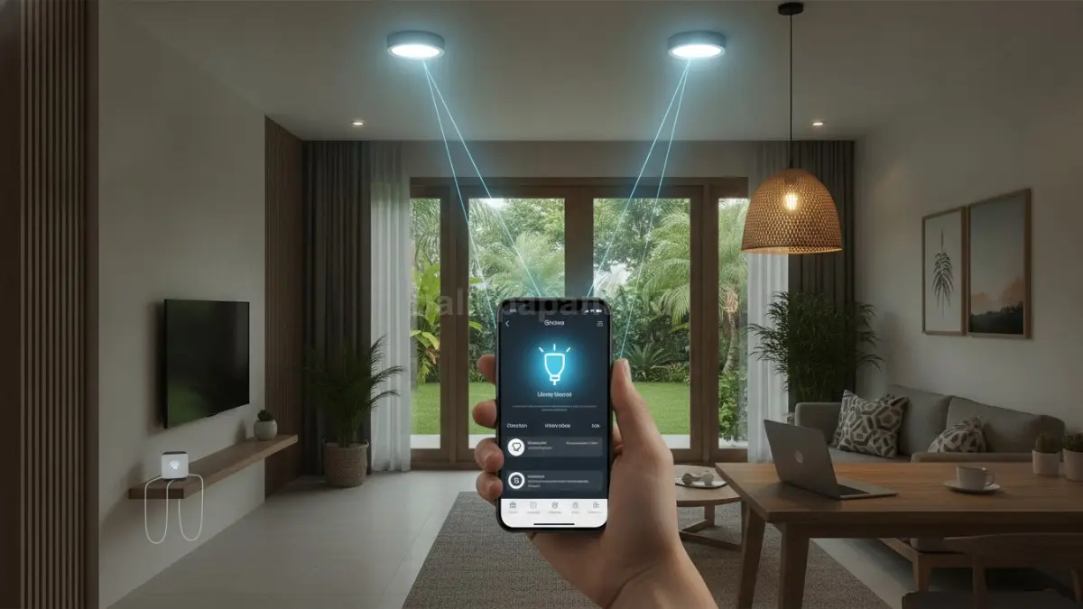 Lampu otomatis berbasis WiFi memudahkan pengaturan pencahayaan rumah, hemat energi, nyaman, praktis setiap hari. (BTV/Ai)
