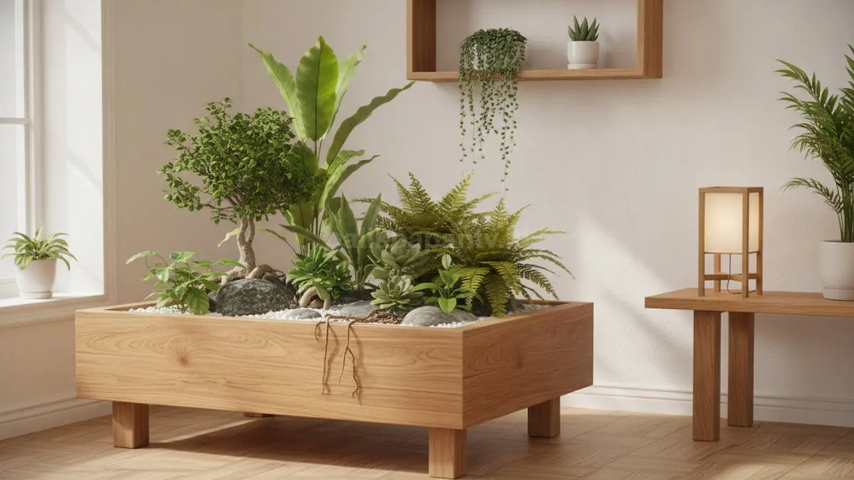 Mini garden Japandi memadukan tanaman hijau dan kayu terang untuk suasana tenang elegan.  (BTV/AI)