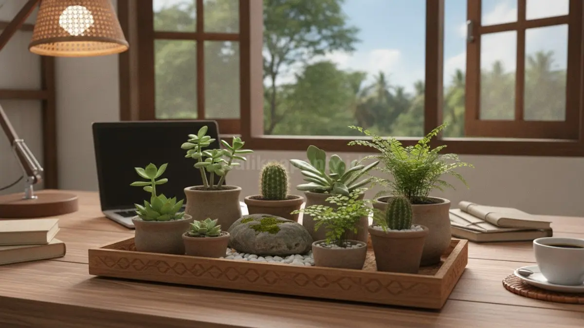 Mini garden meja kerja dengan tanaman kecil menciptakan suasana produktif, segar, dan nyaman.  (BTV/AI)