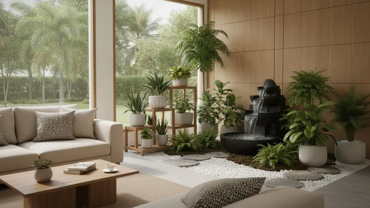 Mini garden modern di sudut ruang tamu dengan tanaman hijau yang menciptakan suasana segar dan nyaman.  (BTV/AI)