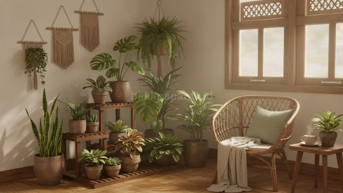 Mini garden sudut ruangan dengan tanaman bertingkat menghadirkan suasana segar, hangat, dan nyaman setiap hari.  (BTV/AI)
