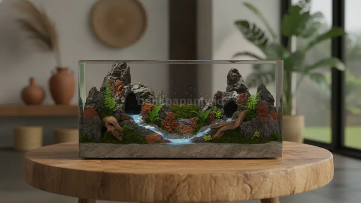 Mini landscape resin menghadirkan lanskap alami artistik dalam dekorasi meja berukuran ringkas modern.  (BTV/AI)