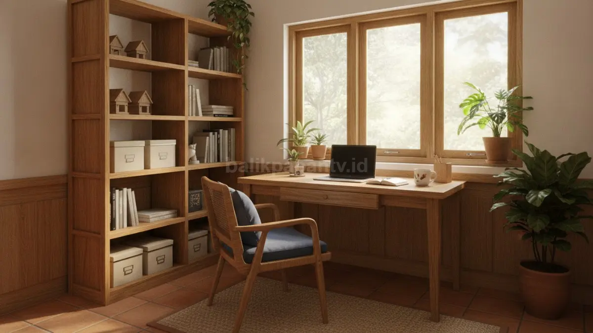 Mini workspace sudut ruangan dengan meja ringkas dan rak vertikal, cocok rumah mungil modern. (BTV/Ai)
