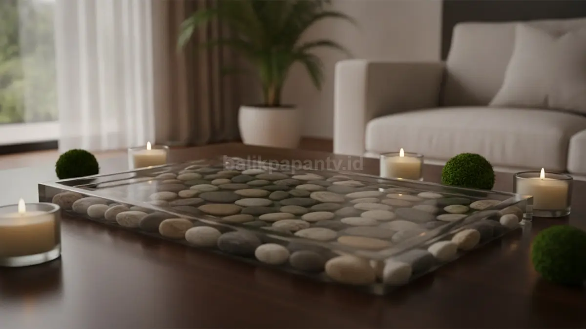 Nampan dekoratif resin dan batu sungai menghadirkan aksen alami elegan pada meja ruangan.  (BTV/AI)