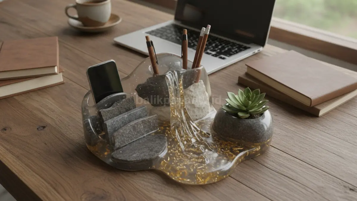 Organizer meja artistik dari resin dan batu alam menjaga rapi sekaligus mempercantik area kerja.  (BTV/AI)
