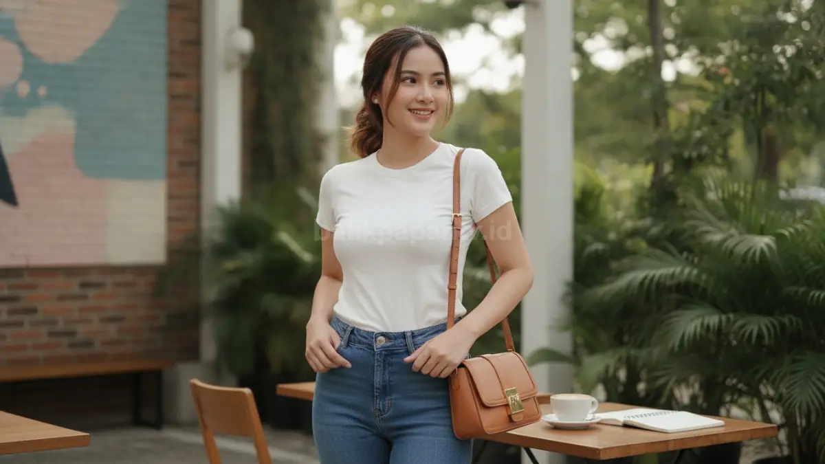 Perempuan mengenakan celana jeans berpinggang rendah dan kaus pas badan bergaya minimalis modern. (BTV/Ai)