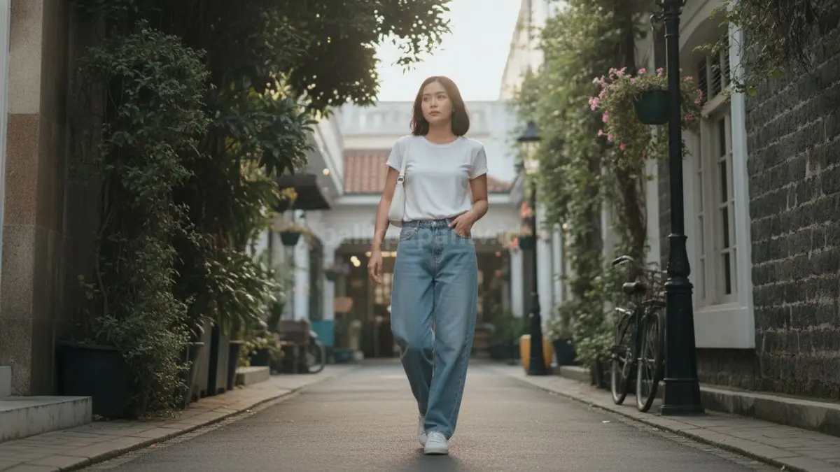 Perpaduan jeans biru muda dan kaus putih polos menciptakan tampilan kasual yang simpel dan mudah dipadukan. (BTV/Ai)