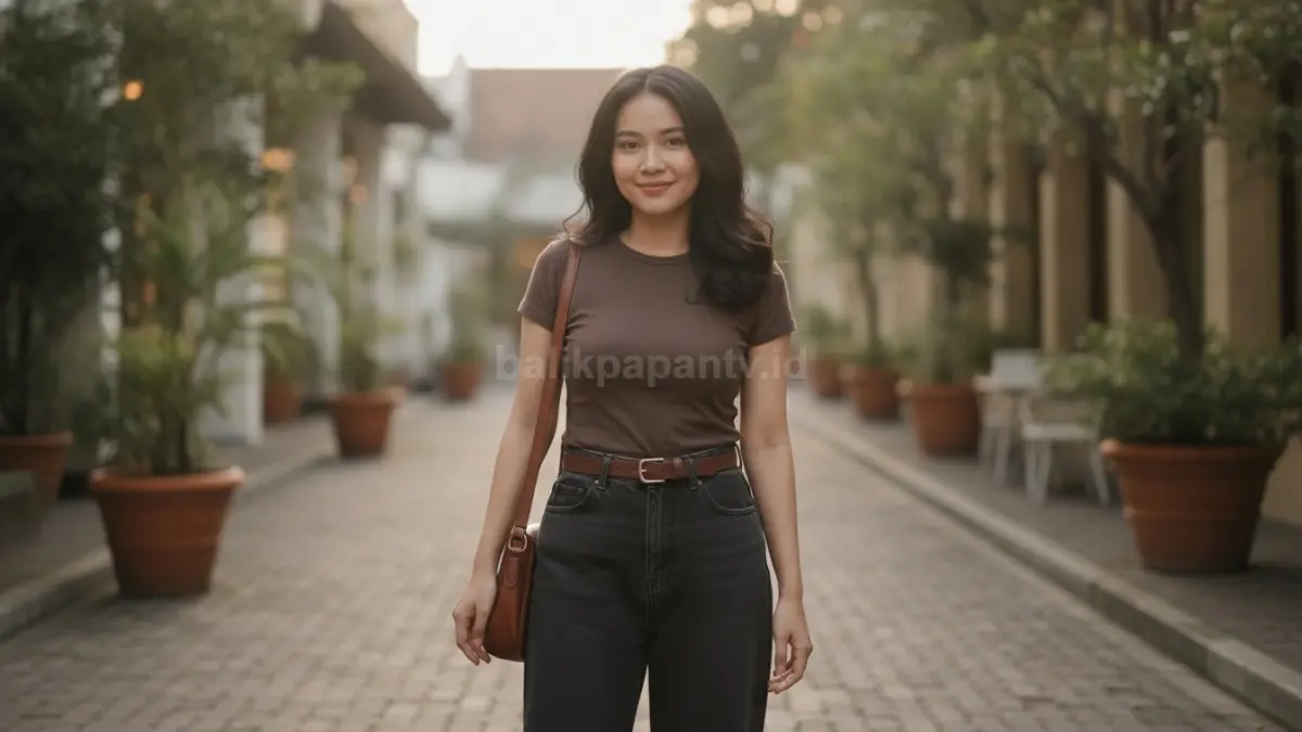 Perpaduan jeans gelap dan kaus cokelat tua memberikan tampilan kasual yang hangat dan berkelas. (BTV/Ai)