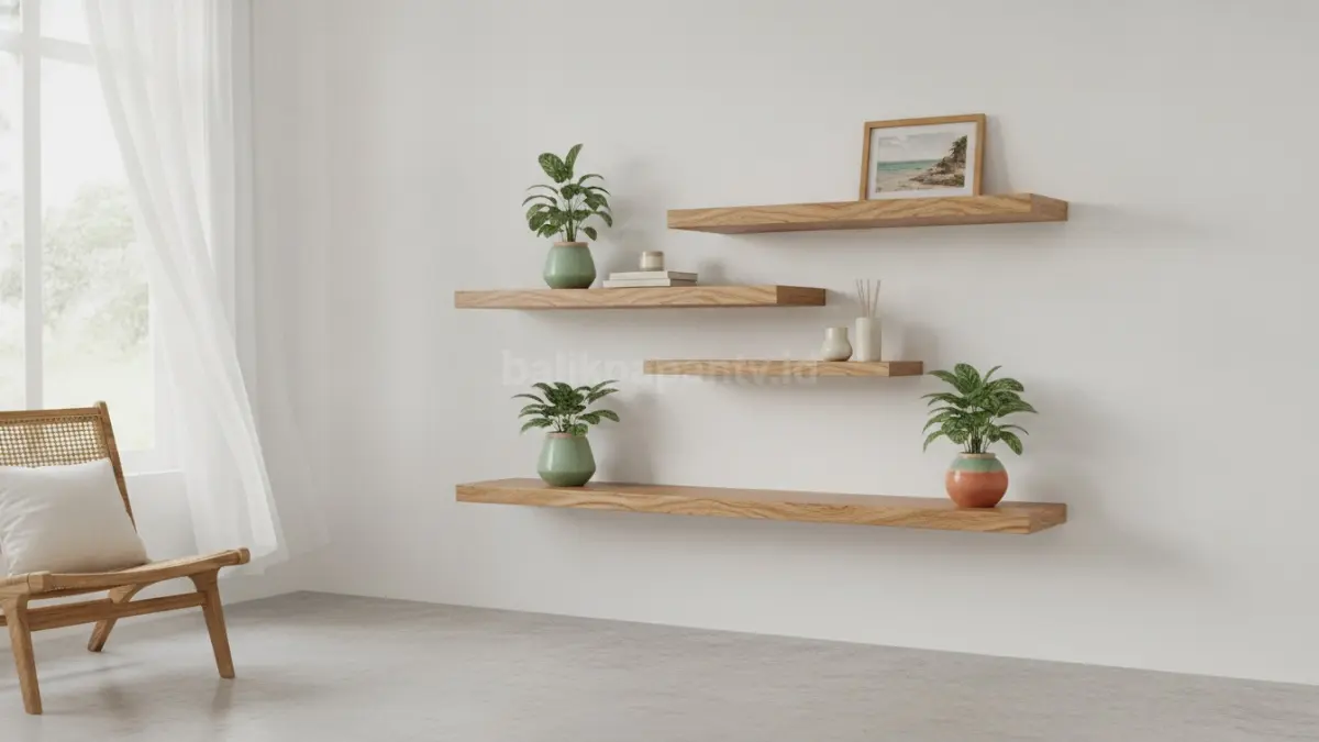 Rak kayu finishing natural menonjolkan serat asli sekaligus melindungi permukaan dari kelembapan ringan dengan pelapis bening.  (BTV/AI)