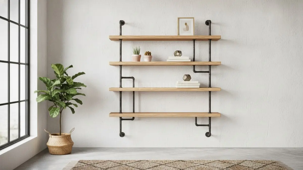 Rak kombinasi besi dan kayu menghadirkan penyimpanan kokoh bergaya industrial sekaligus minimalis modern yang elegan.  (BTV/AI)