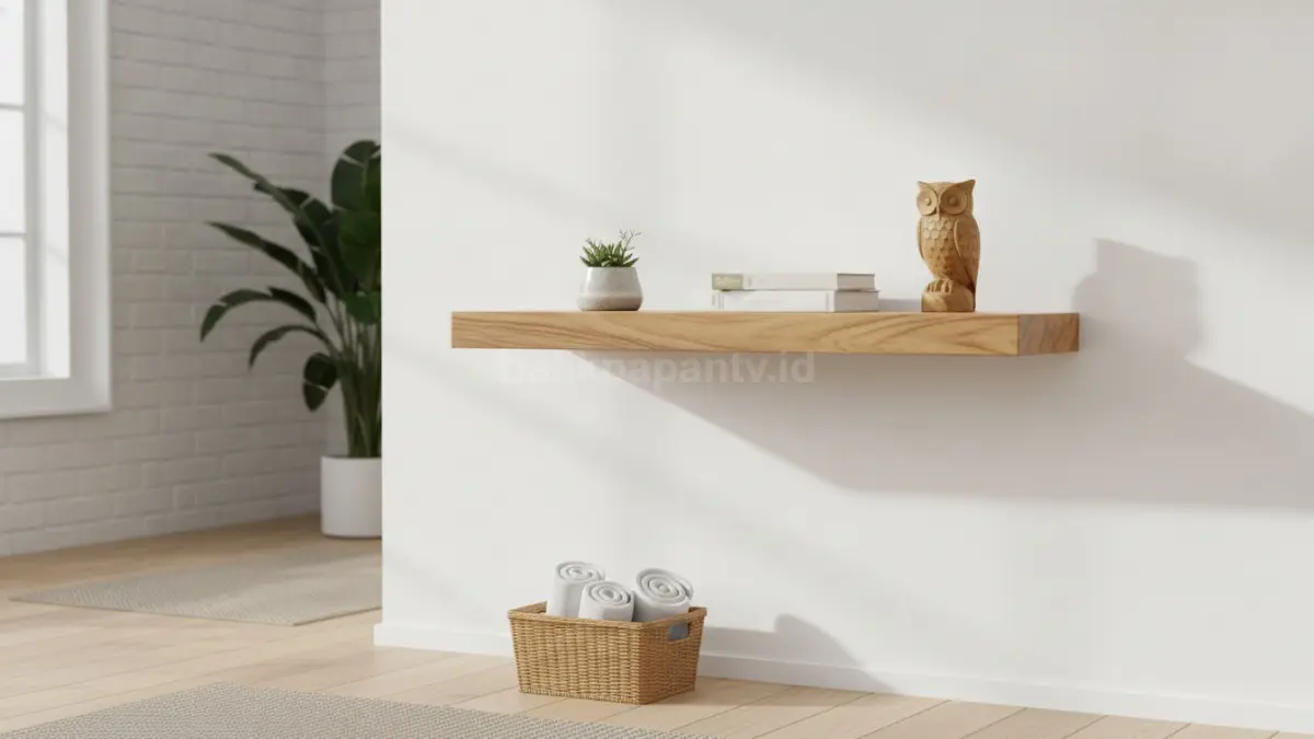 Rak satu papan minimalis dengan bracket tersembunyi, ideal untuk dekorasi ringan dan penyimpanan hemat ruang.  (BTV/AI)