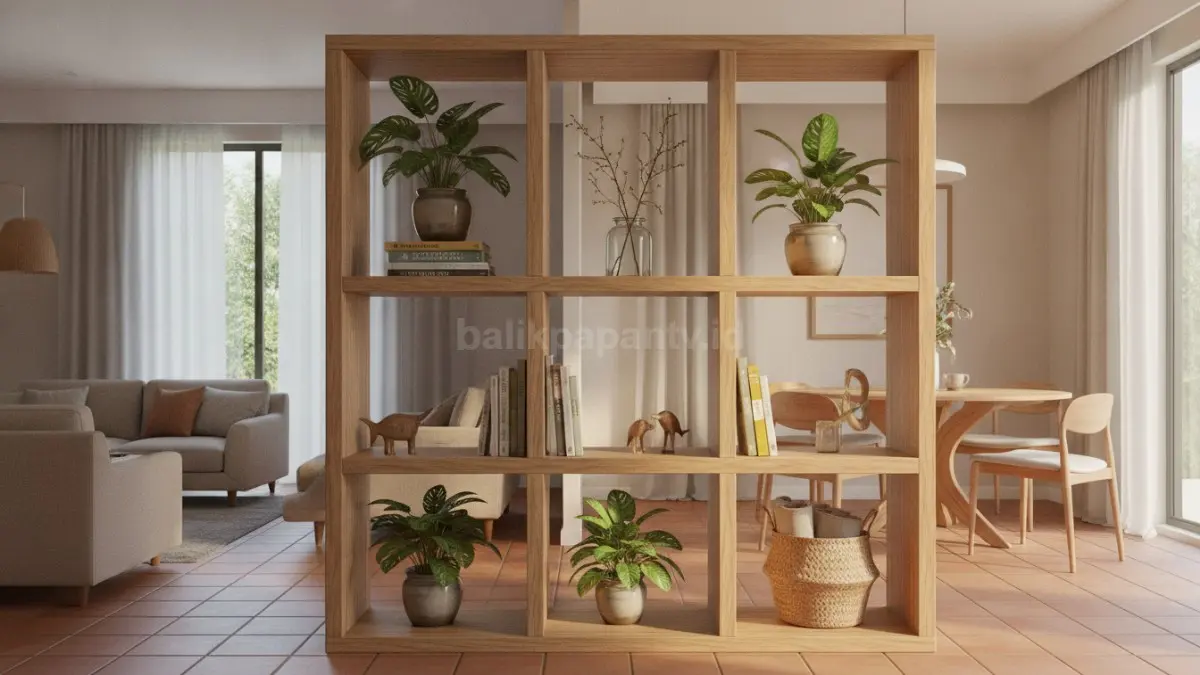 Rak terbuka multifungsi membatasi ruang secara elegan, menghadirkan penyimpanan praktis dan estetika modern. (BTV/Ai)
